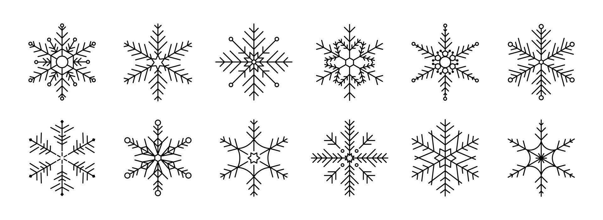 uppsättning av snöflingor linjär vektor ikon. geometrisk snöflinga form, natur och vinter- relaterad vektor symbol hand dragen kontur samling. linje konst illustration design för logotyp, klistermärke, jul.