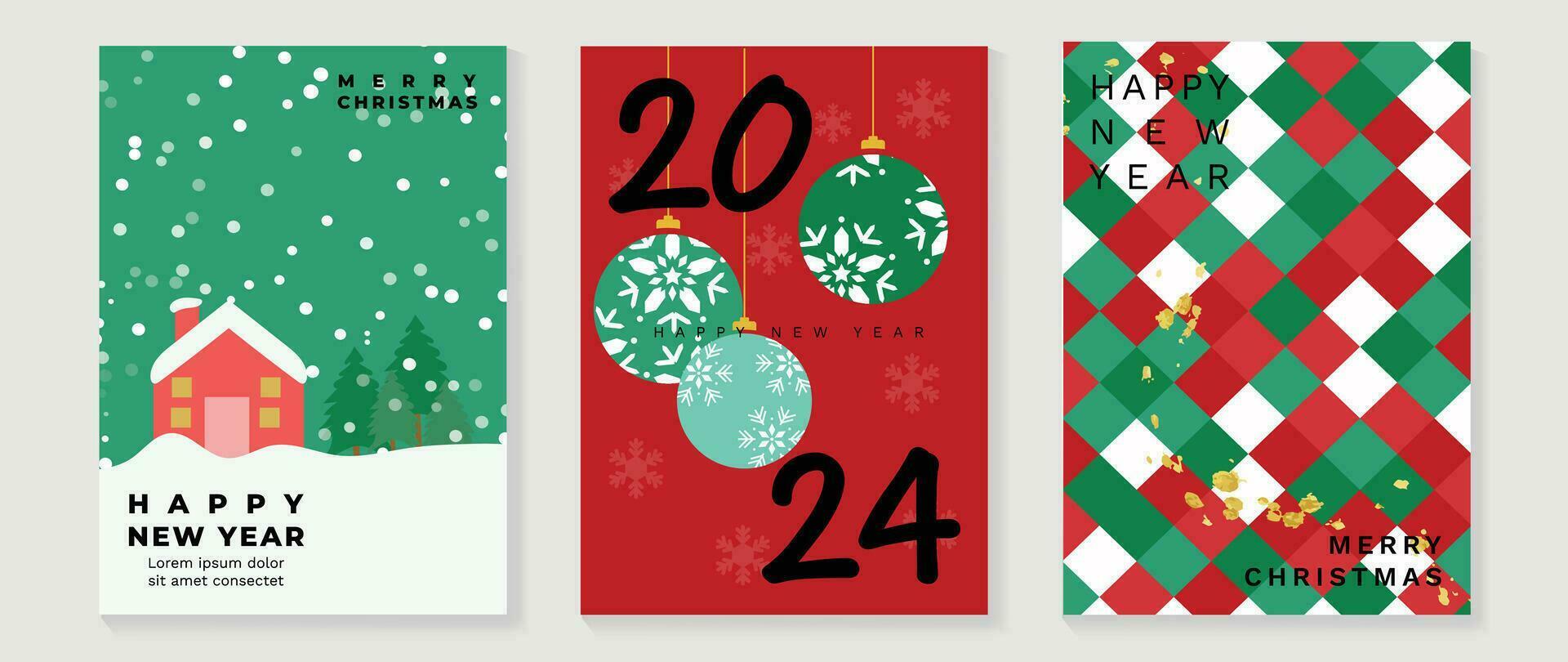 uppsättning av Lycklig ny år 2024 och glad jul begrepp bakgrund. element av dekorativ struntsak, jul träd, hem, snöflingor, guld textur. konst design för kort, affisch, omslag, baner, dekoration. vektor