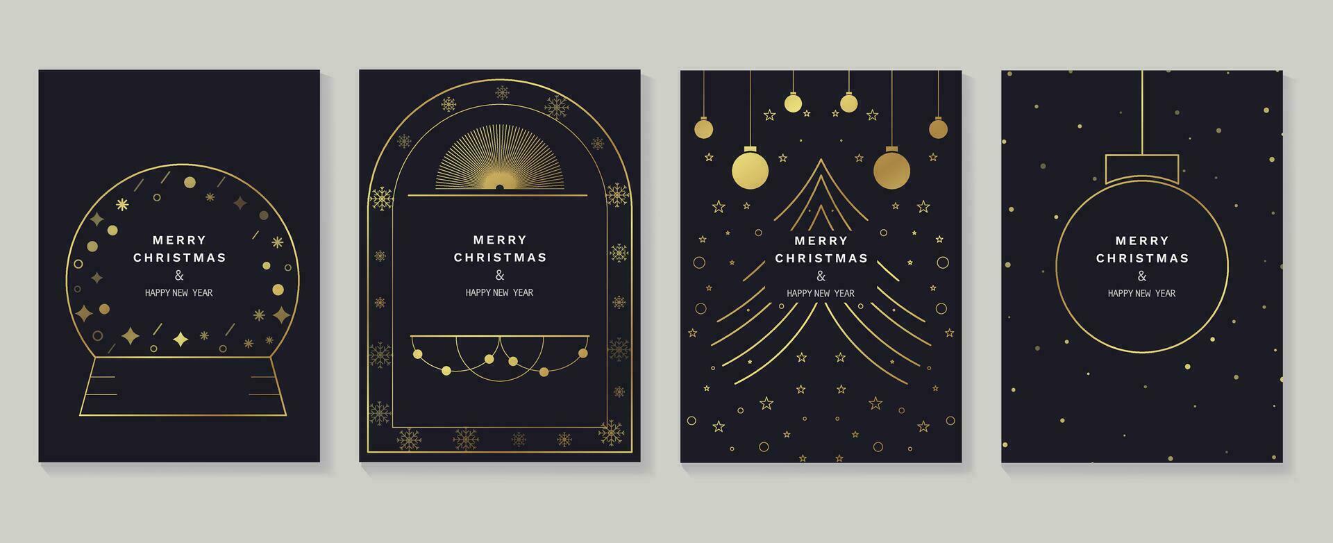 lyx jul inbjudan kort konst deco design vektor. jul träd, snöflinga, kristall boll linje konst på mörk blå bakgrund. design illustration för omslag, hälsning, skriva ut, affisch, tapet. vektor