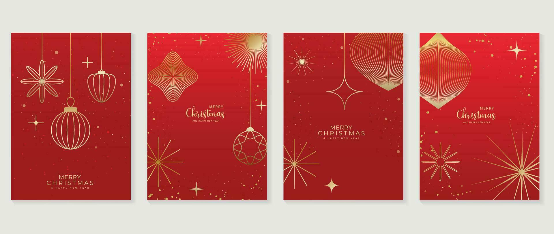 Luxus Weihnachten Einladung Karte Kunst Deko Design Vektor. Weihnachten Flitter Ball, Schneeflocken, Feuerwerk Linie Kunst auf rot Hintergrund. Design Illustration zum Abdeckung, Gruß Karte, drucken, Poster, Hintergrund. vektor