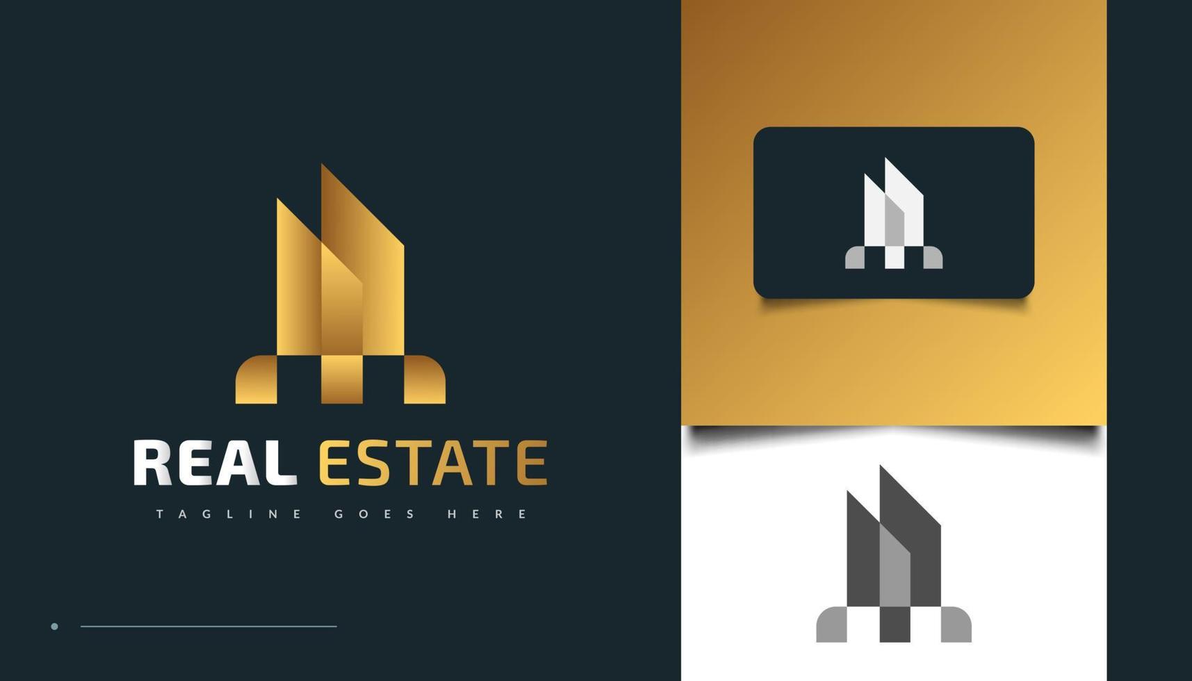 abstraktes und minimalistisches Gold-Immobilien-Logo-Design. Bau-, Architektur- oder Gebäudelogo-Design vektor