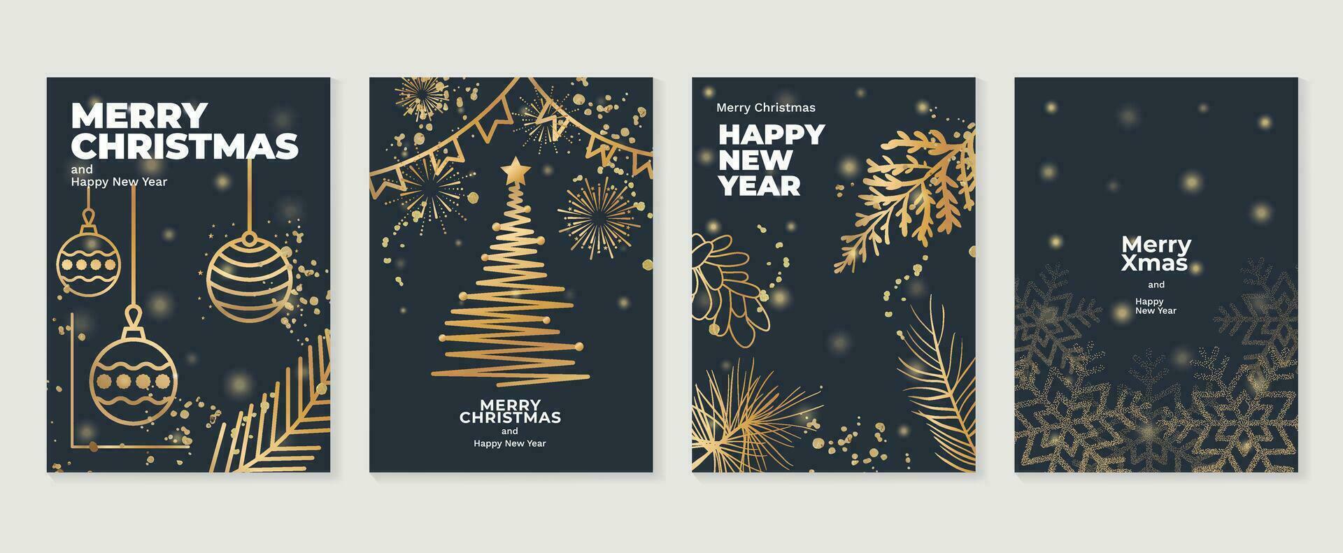 Luxus Weihnachten Einladung Karte Kunst Deko Design Vektor. Weihnachten Baum, Schneeflocke, Flitter Ball, Feuerwerk Linie Kunst auf dunkel Blau Hintergrund. Design Illustration zum Abdeckung, drucken, Poster, Hintergrund. vektor