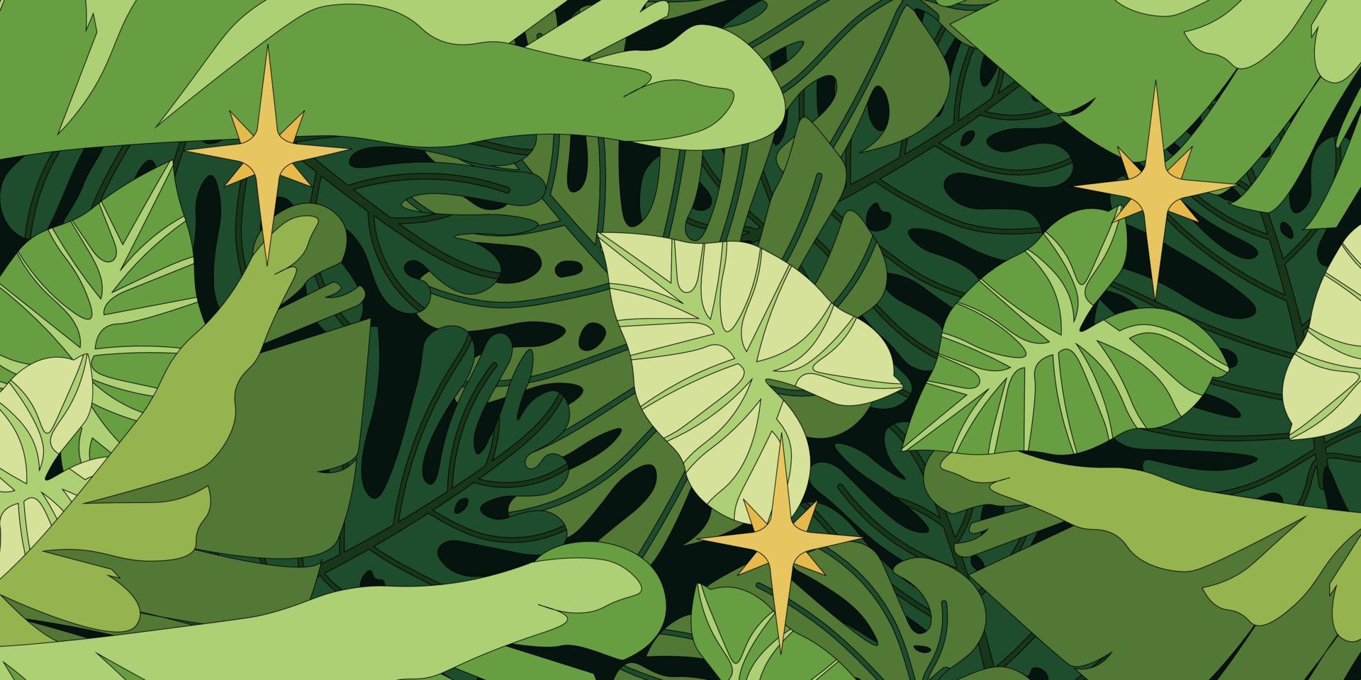 Banner mit tropischen Blättern. Monstera, Philodendron und Bananenblätter auf dunklem Hintergrund mit kleinen Lichtern im Regenwald. vektor
