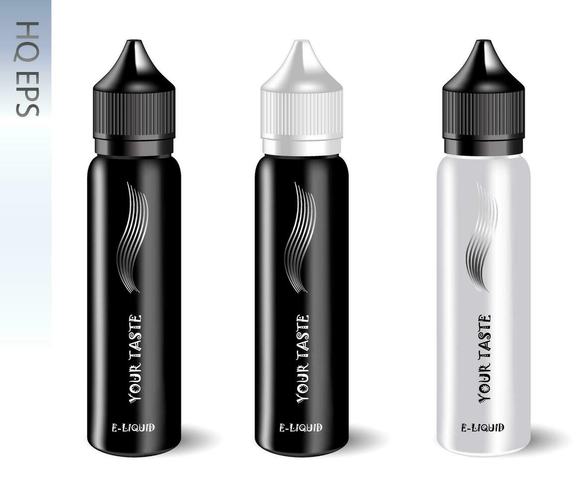 vape e flytande flaskor uppsättning med märka och enkel stil logotyp. vape burkar i svart och vit Färg av caps och kroppar. hög kvalitet eps10 illustration design. vektor