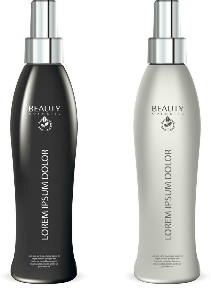 svart och vit hår skydd spray kosmetisk flaska mockup. kosmetika förpackning för skum, olja, hår spray, fuktgivande, skydd flytande. realistisk vektor illustration.