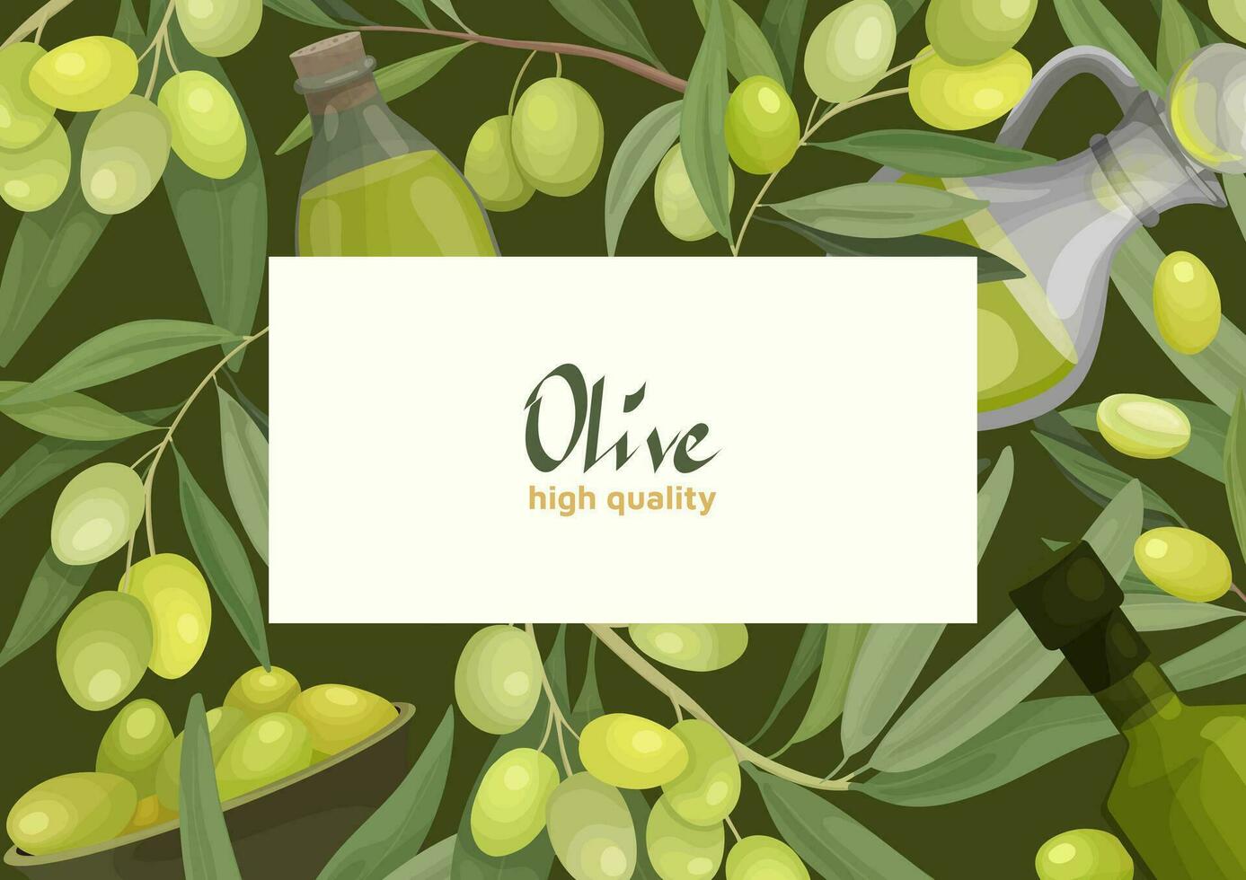 Vektor Illustration Banner oder Rahmen mit Olive Geäst, Früchte, Flaschen von Olive Öl. zum drucken Design oder Werbung Banner, Verpackung oder Etikette von Oliven