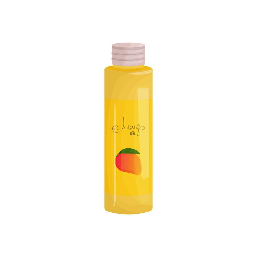 Glas Flasche von Orange Mango Öl zum Massage von wesentlich oder Base Öl im Karikatur Stil. Aromatherapie Öl zum Spa Behandlungen, Kochen und Parfums. Symbol zum Webseite Design, Verpackung vektor