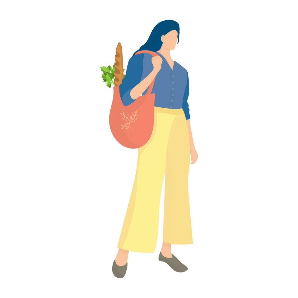 Vektor Illustration mit ein Frau Streben zum ein umweltfreundlich Lebensstil. Mädchen mit ein stilvoll umweltfreundlich Tasche zum Lebensmittel und Einkaufen. das Konzept von Null Abfall, Speichern das Planet von Plastik