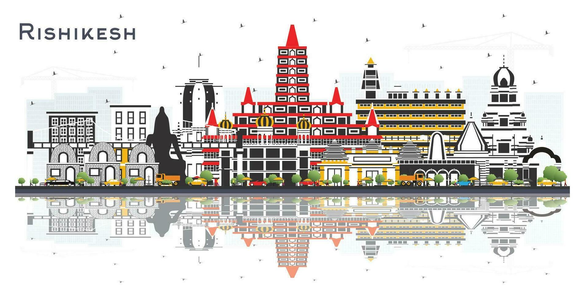 rishikesh Indien Stadt Horizont mit Farbe Gebäude und Reflexionen isoliert auf Weiß. Geschäft und Tourismus Konzept mit historisch die Architektur. rishikesh Stadtbild mit Sehenswürdigkeiten. vektor