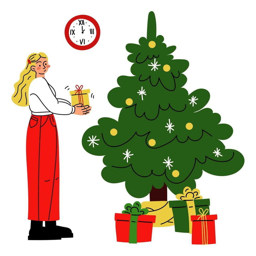 ein Weihnachten Illustration im welche ein Mädchen öffnet ein Geschenk in der Nähe von ein Weihnachten Baum mit Geschenk Boxen. es ist Zeit zu geben Geschenke. Auspacken ein Geschenk. Vektor. Geschenke und Überraschungen. fröhlich Weihnachten, Neu Jahr vektor