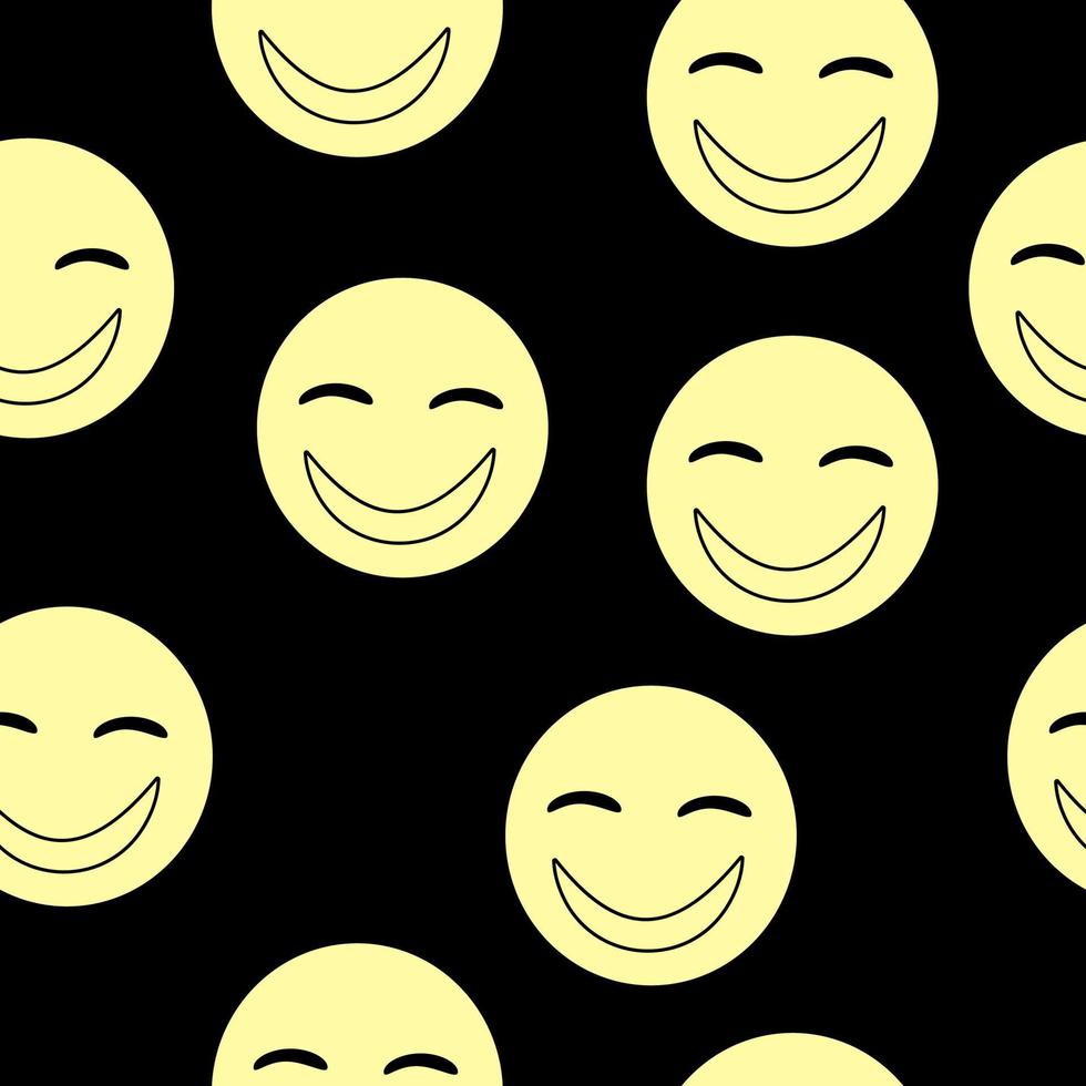 sömlösa mönster av gula leende ansikten på en svart bakgrund vektor