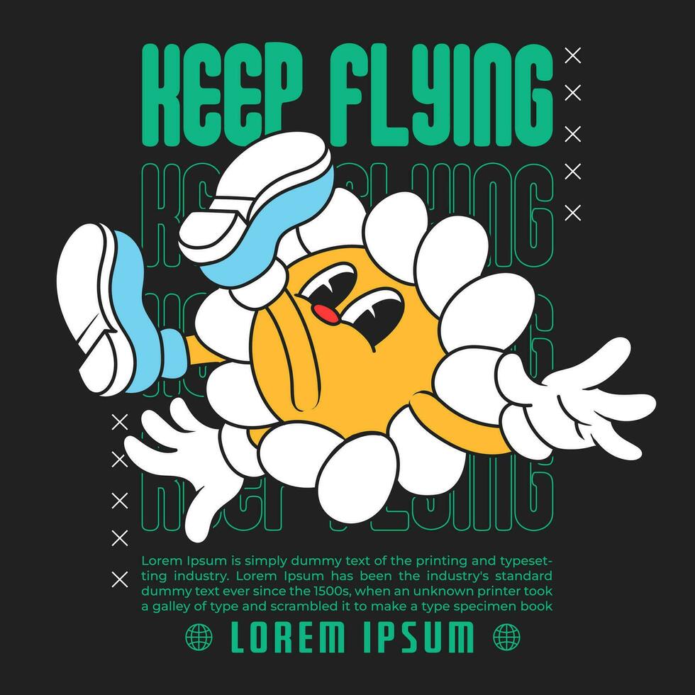 daisy blomma häftig karaktär 90s design illustration med slogan, retro tecknad serie karaktär, blomma tecknad serie vektor