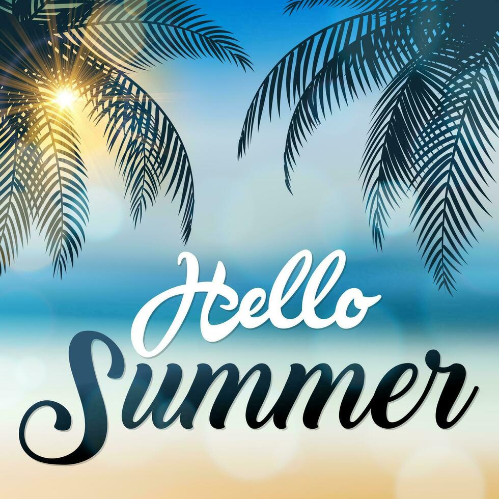 Hallo Sommer- Zeichen, mit Kokosnuss Bäume beim das Strand, geeignet zum Sommer- Urlaub und Strand Party, Vektor Illustration