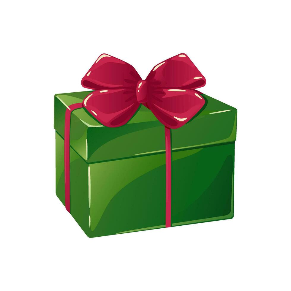 Grün Geschenk Box mit hell rot Bogen Vektor Illustration isoliert auf Weiß Hintergrund. dekorativ detailliert Weihnachten Geburtstag Geschenk zum Muster, Verpackung, Design