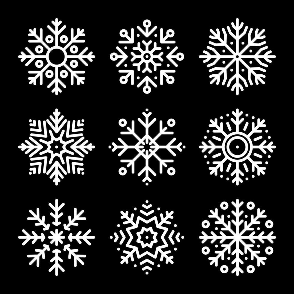 uppsättning av snöflinga ikoner isolerat på svart bakgrund. snö ikoner silhuett, vinter, ny år och jul dekoration element. vektor illustration.