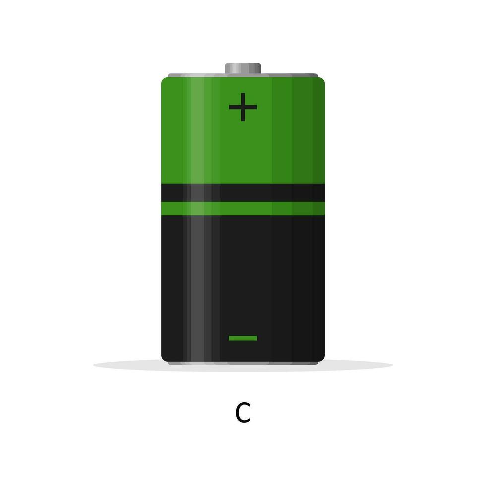 alkalisk batteri c isolerat på vit bakgrund. laddningsbart batteri energi lagring celler platt modern stil. vektor illustration.