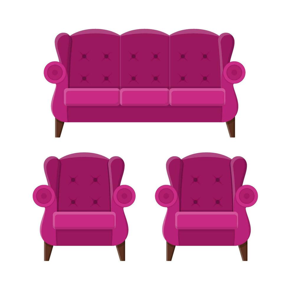 stilvoll komfortabel Sofa und Sessel im eben Stil isoliert auf Weiß Hintergrund. Teil von das Innere von ein Leben Zimmer oder Büro. Sanft Möbel zum sich ausruhen und Entspannung. Vektor Illustration.