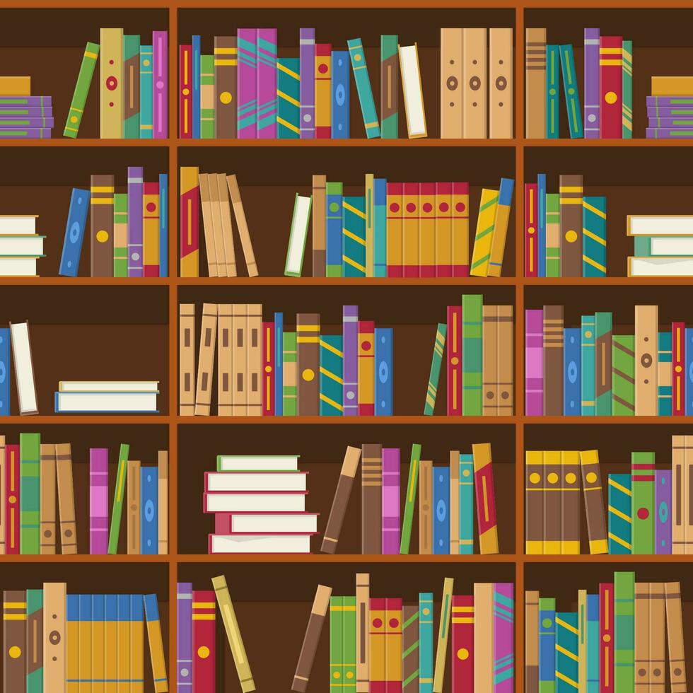 Bücher auf Regale nahtlos Muster. Bücherregal oder Bücherregale Bibliothek oder Buchhandlung Hintergrund. Bildung und Wissen, studieren und Lernen. Vektor Illustration