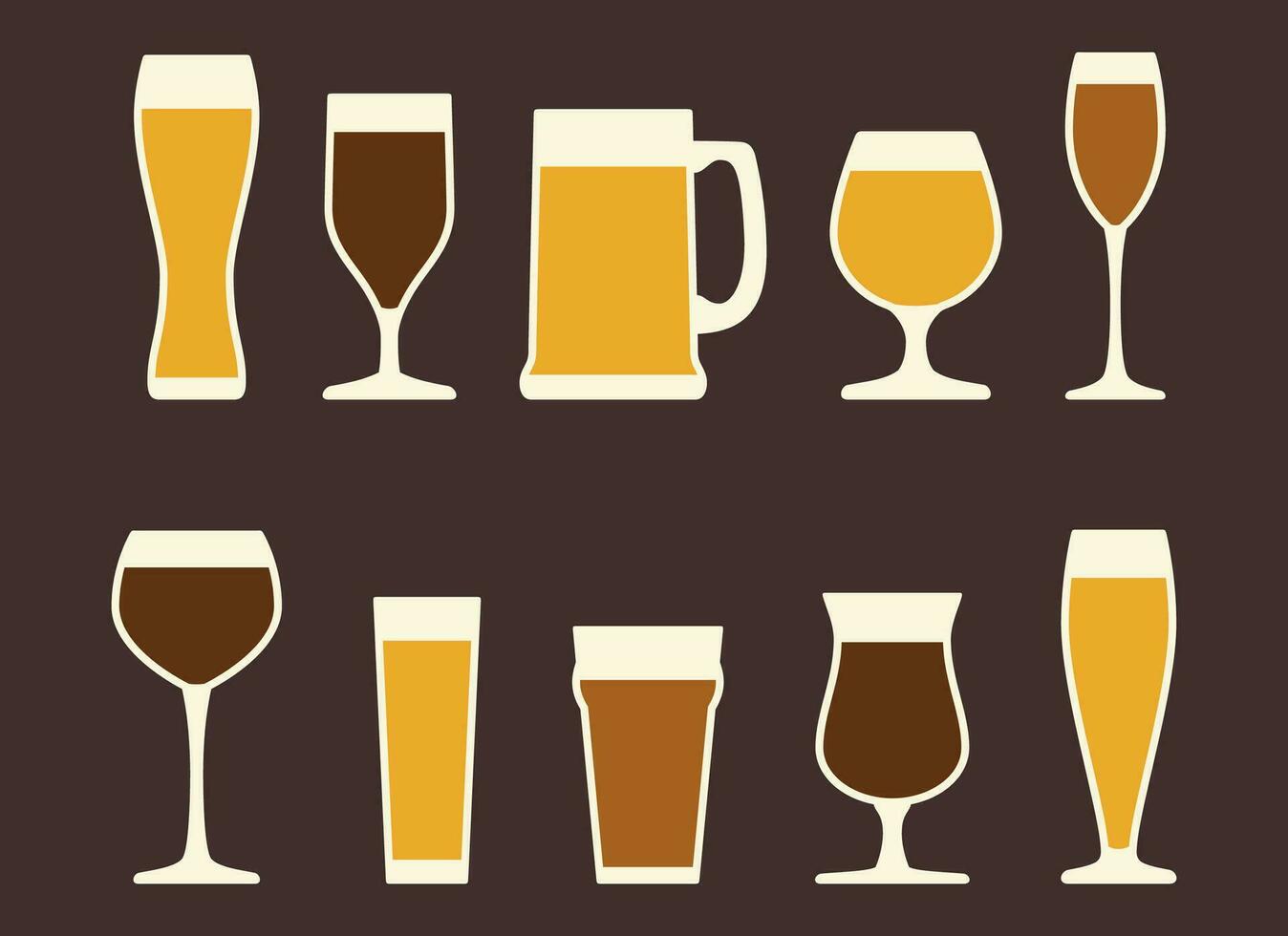 Bier Brille und Tassen Satz. alkoholisch Getränk Speisekarte Sammlung Satz. beschriftet Visualisierung mit verschiedene Brille Stile zum Lagerbier, Pilsner, Ale, dunkel und Porter Getränke. Symbole Vektor Illustration