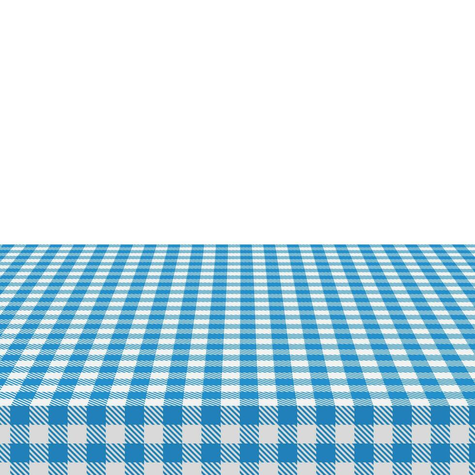 das Picknick Tabelle ist bedeckt mit ein kariert Tischdecke. Weiß Blau Gingham Textil. sauber Oberfläche mit Textil, Vorlage zum Anzeige Restaurant Cafe Speisekarte Vektor Banner. Vektor Illustration.