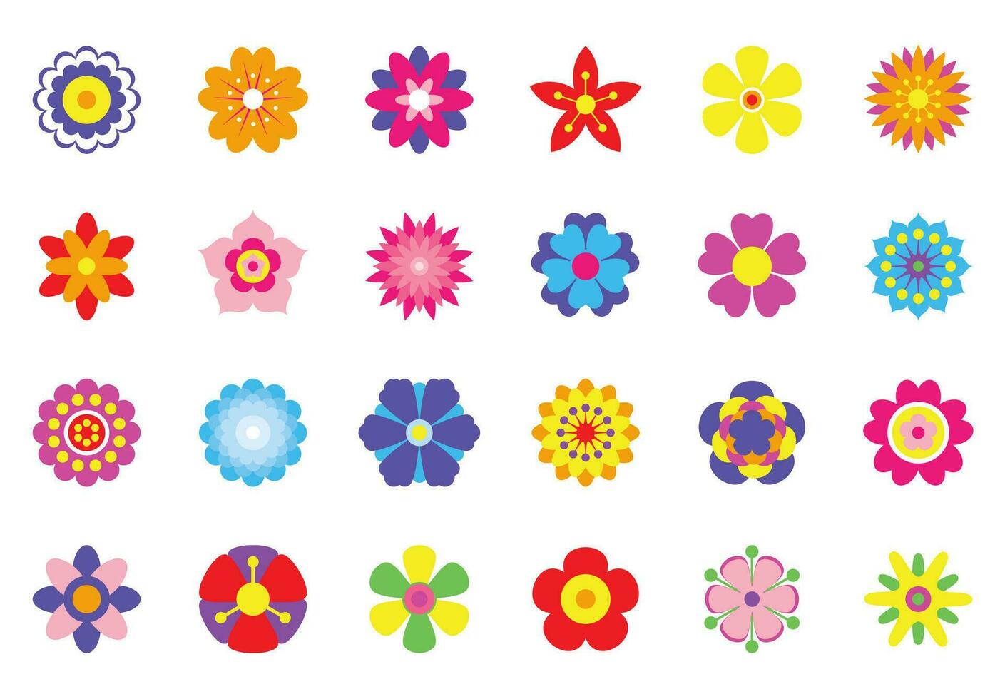 einstellen von eben Frühling Blume Symbole isoliert auf Weiß Hintergrund. einfach bunt Blumen- Symbole im hell Farben. dekorativ Blume Silhouette Sammlung. anders gestalten und verschiedene Farben Clip Art. Vektor