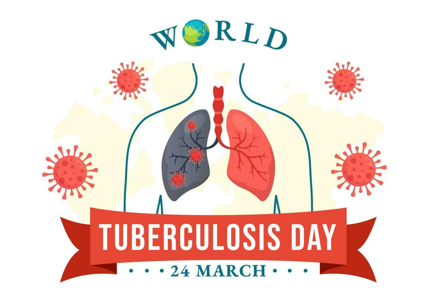 värld tuberkulos dag vektor illustration på Mars 24 med lungor och bakterie till tb medvetenhet och medicinsk i sjukvård platt tecknad serie bakgrund