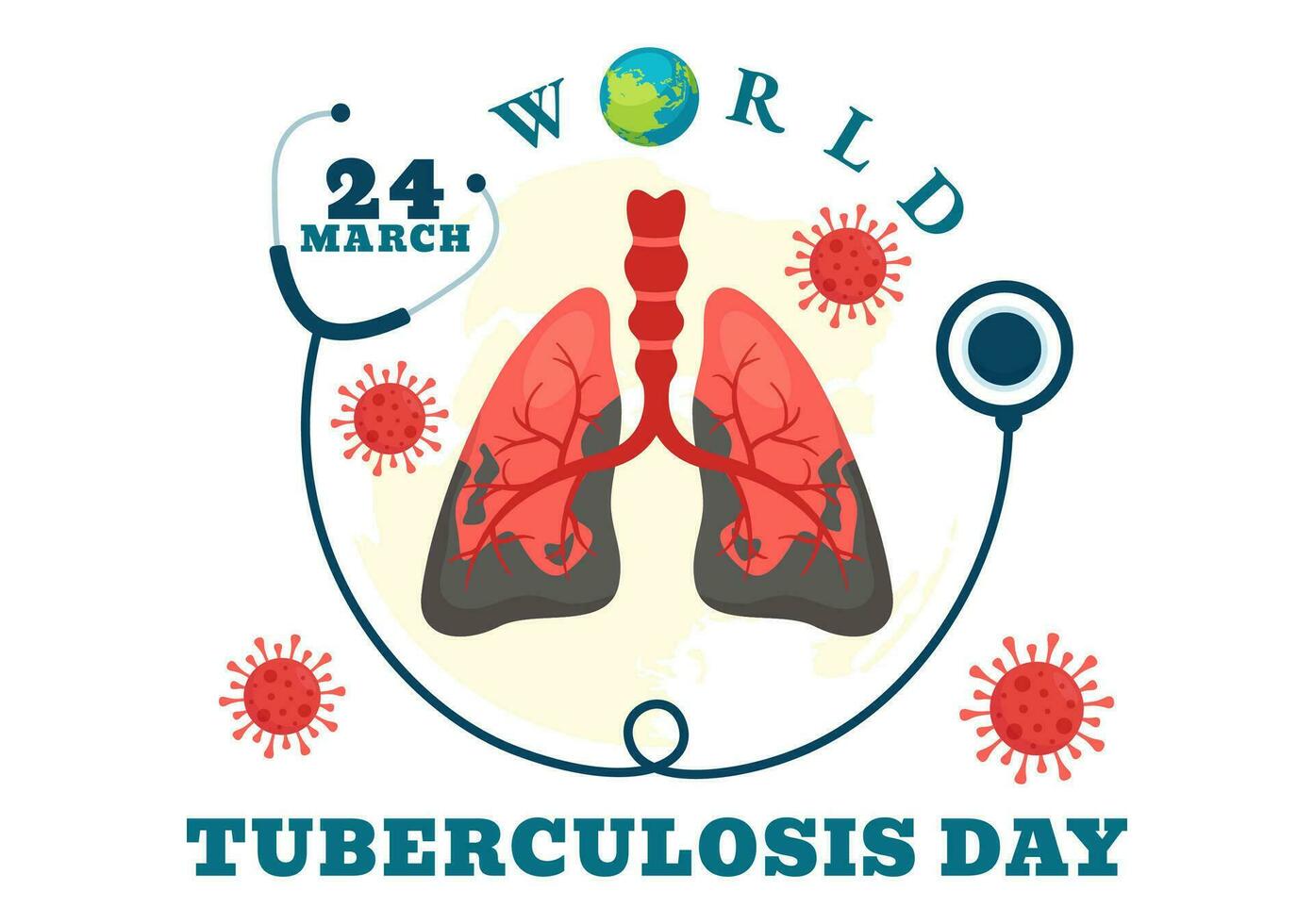 värld tuberkulos dag vektor illustration på Mars 24 med lungor och bakterie till tb medvetenhet och medicinsk i sjukvård platt tecknad serie bakgrund