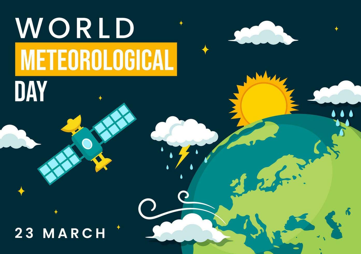 Welt meteorologisch Tag Vektor Illustration auf 23 März mit Erde Karte, Meteorologie Wissenschaft und recherchieren Wetter im eben Karikatur Hintergrund