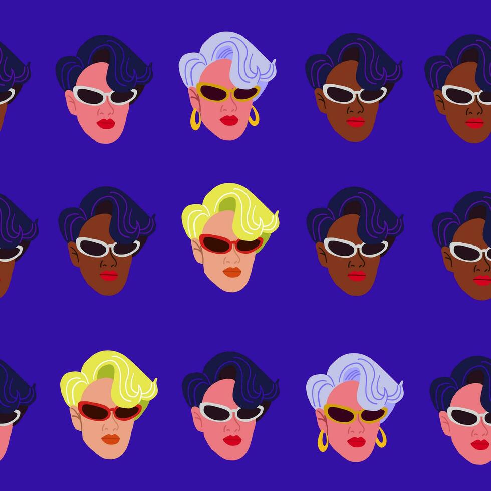 vektor sömlös mönster med eleganta kvinna i glasögon med färgrik hår. mode kvinna ansikte mönster på neon violett bakgrund