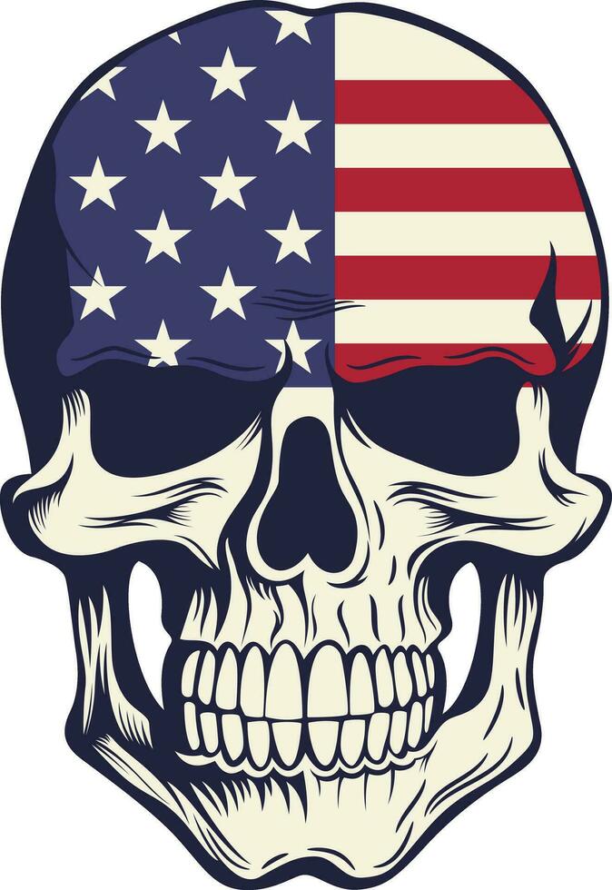 Schädel mit amerikanisch Flagge. Jahrgang retro betrübt amerikanisch Flagge Abzeichen Vektor Illustration.