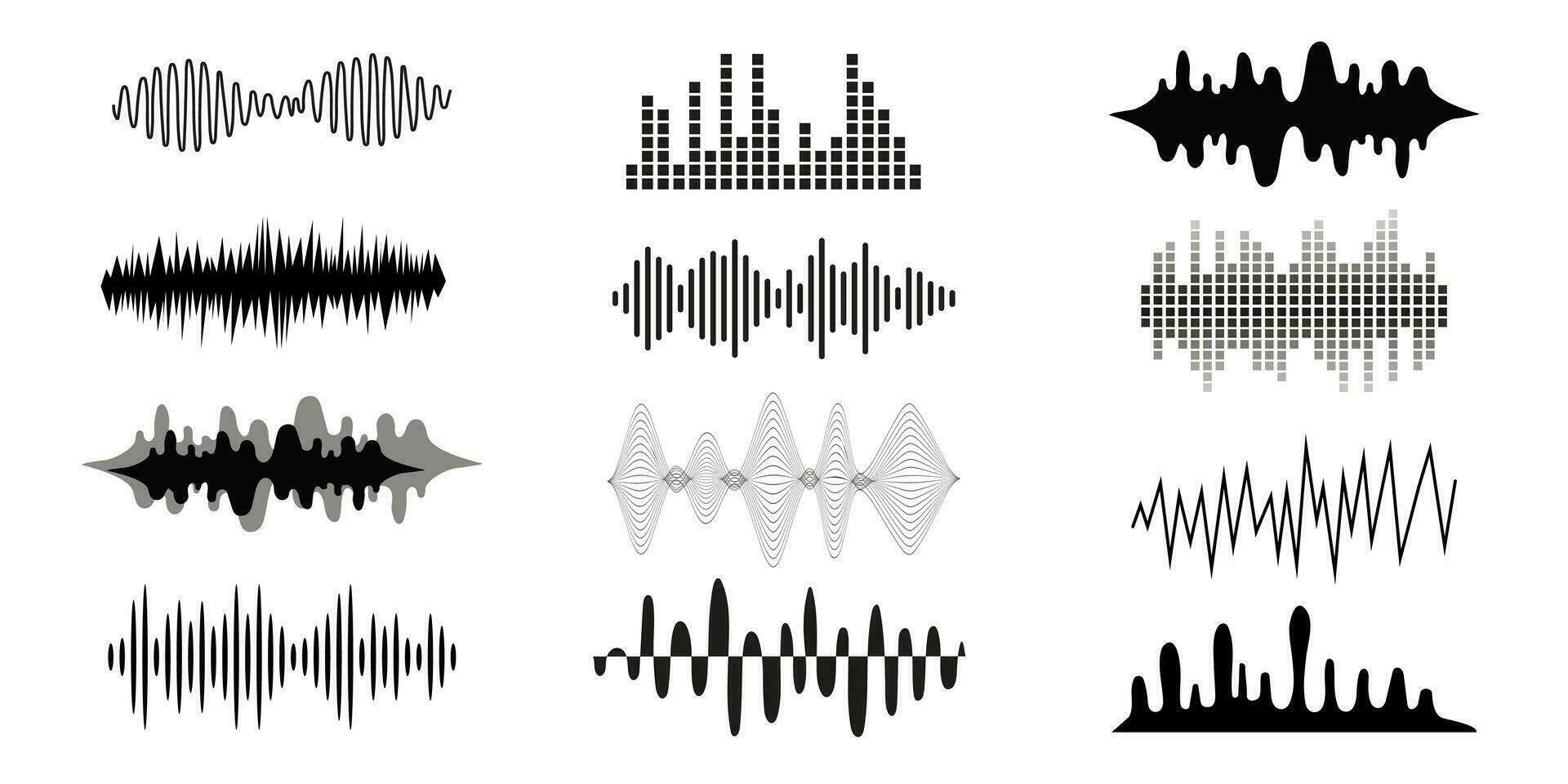 vektor ljud vågor uppsättning. musikalisk ljud vågor, utjämnare och inspelning begrepp. analog och digital linje vågformer. elektronisk ljud signal, röst inspelning.