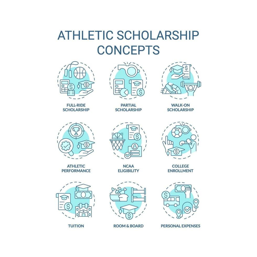 2d editierbar Symbole einstellen Darstellen sportlich Stipendium Konzepte, isoliert Vektor, dünn Linie Blau Illustration. vektor