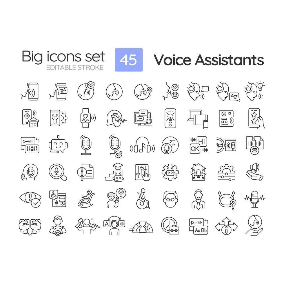 2d editierbar schwarz dünn Linie groß Symbole einstellen Darstellen Stimme Assistent, isoliert Vektor, linear Illustration. vektor