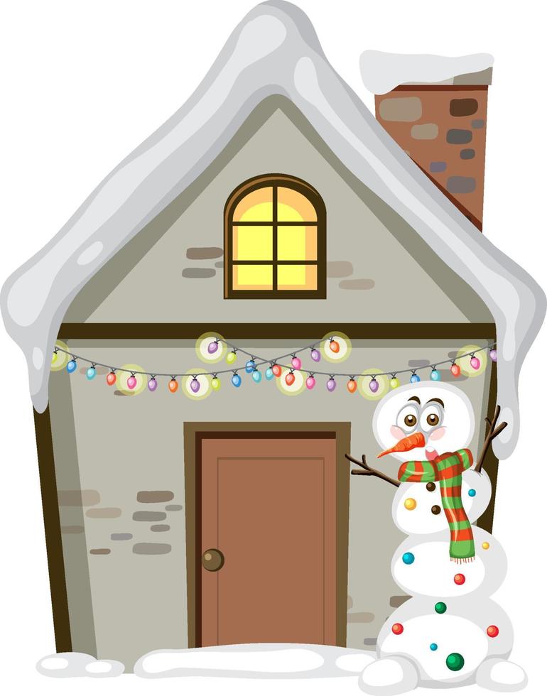 Weihnachtshaus mit Schneemann auf weißem Hintergrund vektor