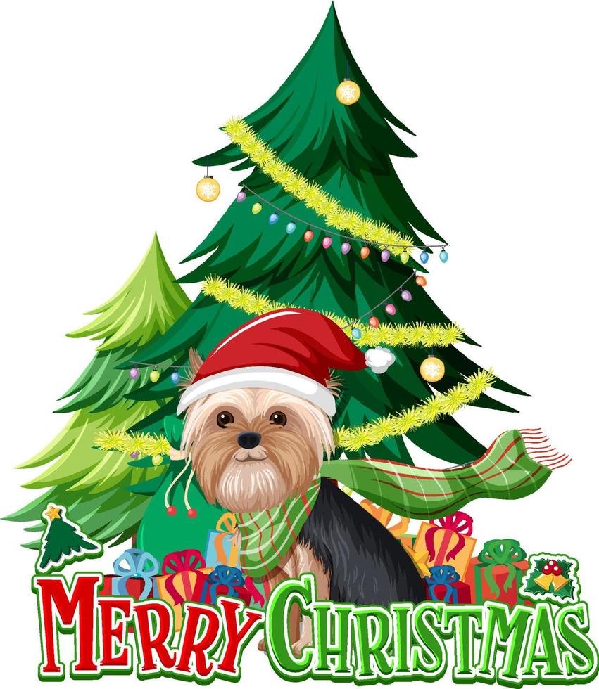 Frohe Weihnachten-Schrift mit Yorkshire-Terrier-Hund und Weihnachtsbaum vektor