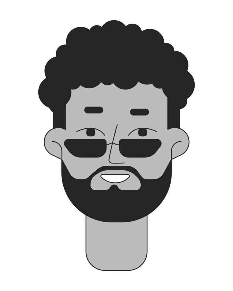 skäggig man solglasögon svart och vit 2d vektor avatar illustration. vuxen afrikansk amerikan manlig leende översikt tecknad serie karaktär ansikte isolerat. Häftigt självsäker kille skägg platt användare profil bild