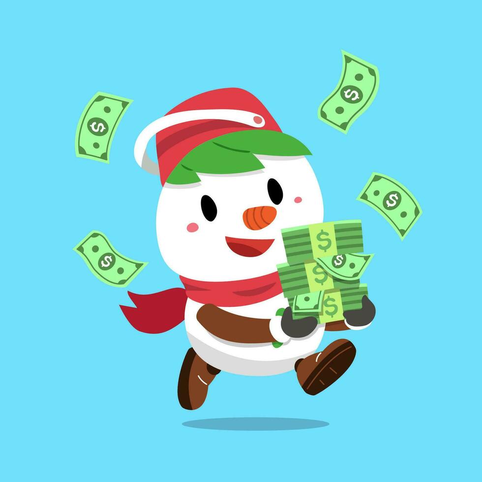 vektor tecknad serie Lycklig jul snögubbe med pengar