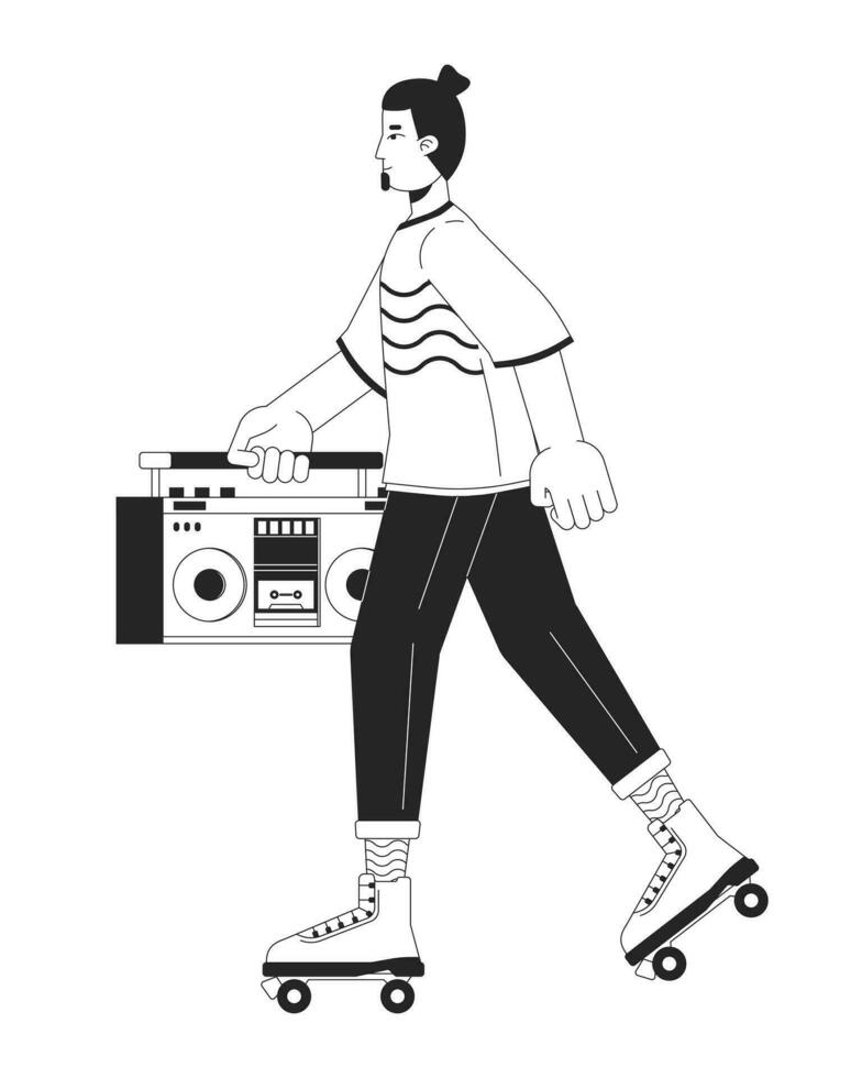 Inliner fahren mit Boom Box schwarz und Weiß Karikatur eben Illustration. kaukasisch männlich 80er Jahre Reiten Walze Rollschuhe 2d lineart Charakter isoliert. achtziger Jahre Nostalgie einfarbig Szene Vektor Gliederung Bild