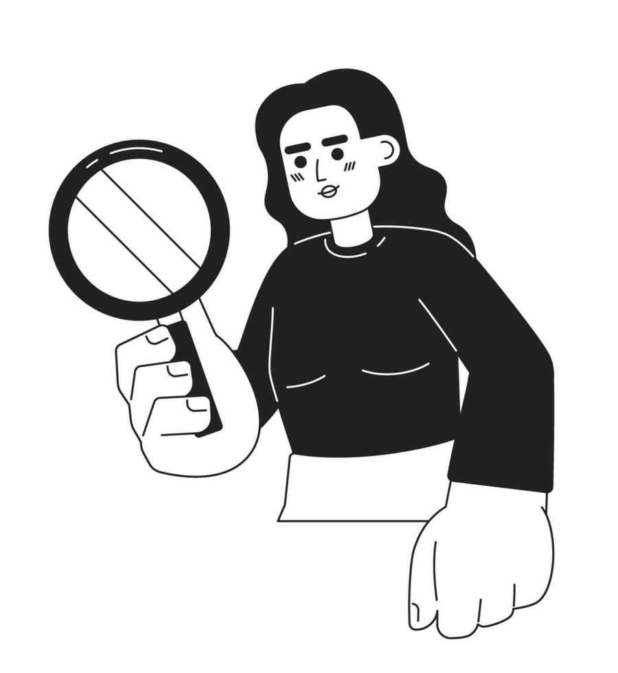 kvinna detektiv- förstorande glas svart och vit 2d tecknad serie karaktär. forskare ung kvinna söder asiatisk isolerat vektor översikt person. indisk lady med lupp enfärgad platt fläck illustration