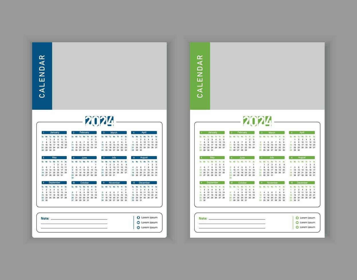 kalender mall för 2024 år. vägg kalender i en minimalistisk stil. vecka börjar på söndag. 1 sida vägg kalender 2024 mall med 2 Färg variation design vektor