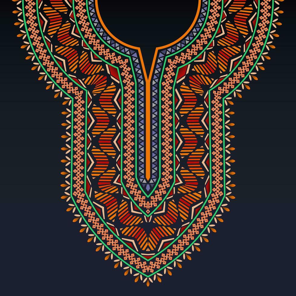 symmetrisk urringning mönster för dashiki skjorta med celtic motiv och färgrik geometrisk former på de mörk blå bakgrund vektor