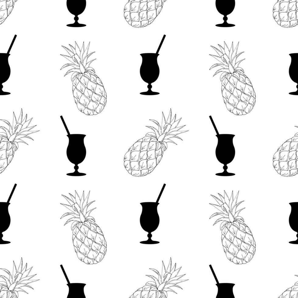 Muster mit Cocktail und Kontur Hand gezeichnet Ananas, schwarz Farbe auf Weiß Hintergrund. einfarbig Sommer- Muster. vektor