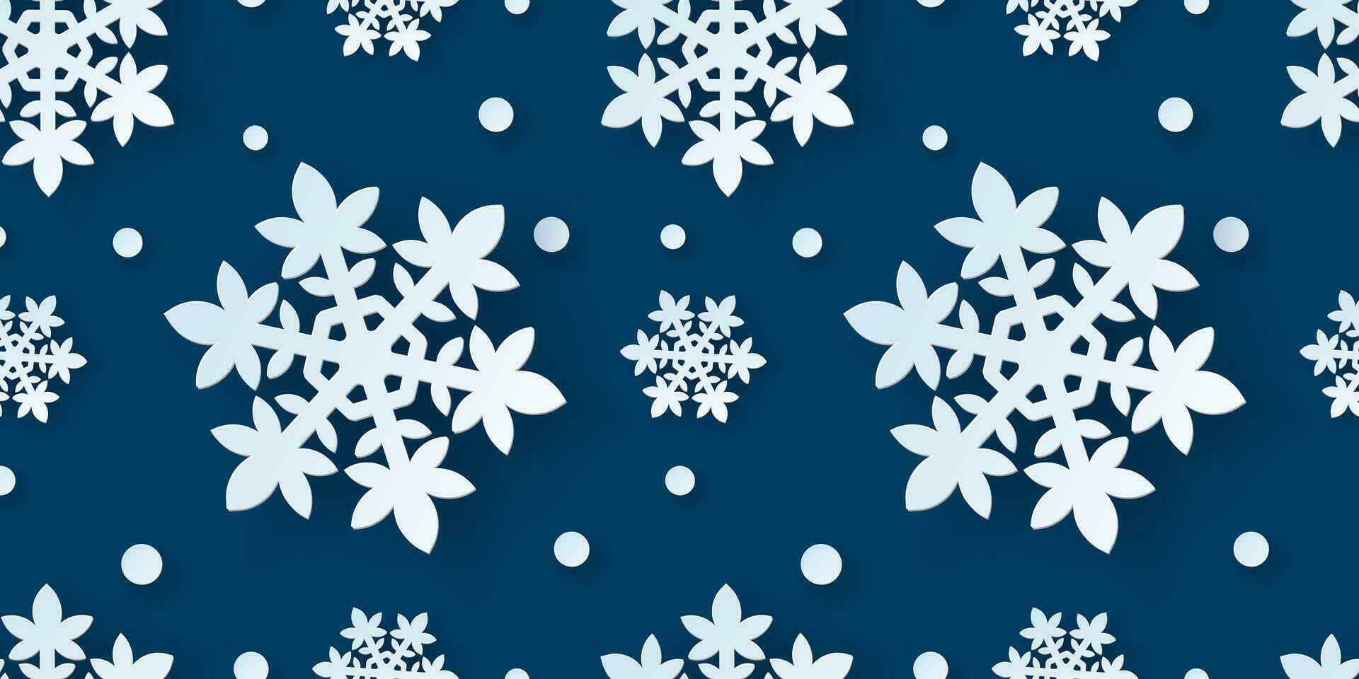 Winter nahtlos Muster mit Papier Schnitt Schneeflocken. Weihnachten Design 3d Illustration auf Blau farbig Hintergrund zum Präsentation, Banner, Abdeckung, Netz, Flyer, Karte, Verkauf, Poster und Sozial Medien. vektor