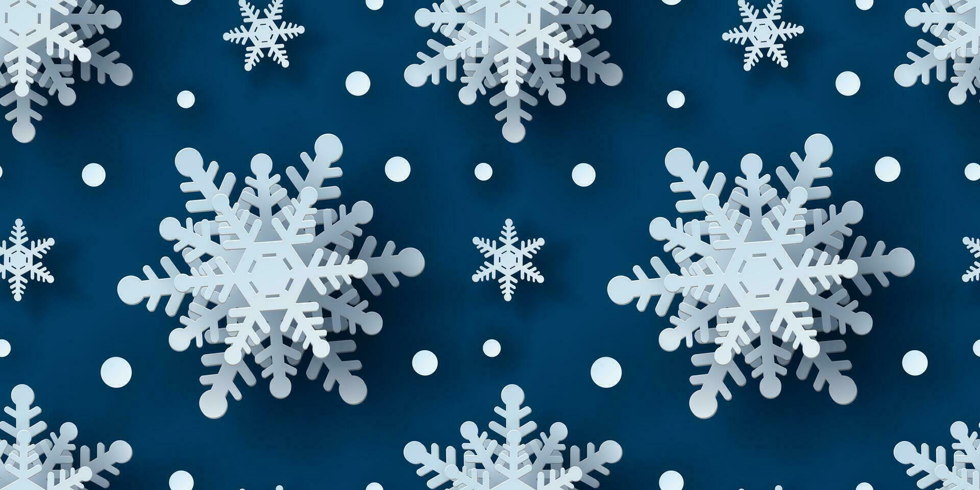 Winter nahtlos Muster mit Papier Schnitt Schneeflocken. Weihnachten Design 3d Illustration auf Blau farbig Hintergrund zum Präsentation, Banner, Abdeckung, Netz, Flyer, Karte, Verkauf, Poster und Sozial Medien. vektor