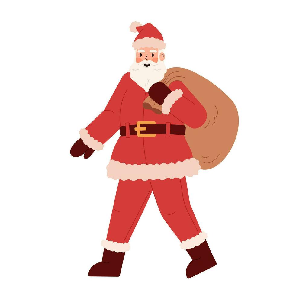 Santa Tragen Weihnachten Tasche. Weihnachten Charakter isoliert auf Weiß Hintergrund. Santa claus im ein rot Hut und Bart mit ein Tasche von Geschenke. vektor