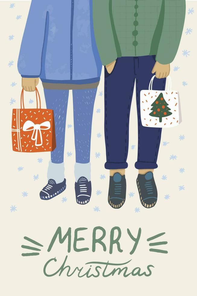 Weihnachten Karte, ein Mädchen und ein Kerl mit Taschen von die Geschenke vektor