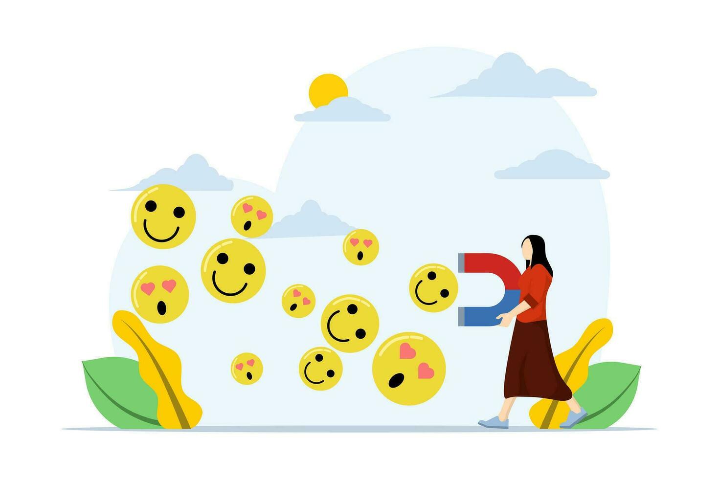 Sozial Medien Marketing Konzept, attraktiv Emoticon Charakter mit Magnet, Popularität im Sozial Netzwerke, Beeinflusser, Person halten attraktiv Magnet mögen Zeichen, eben Vektor Illustration.