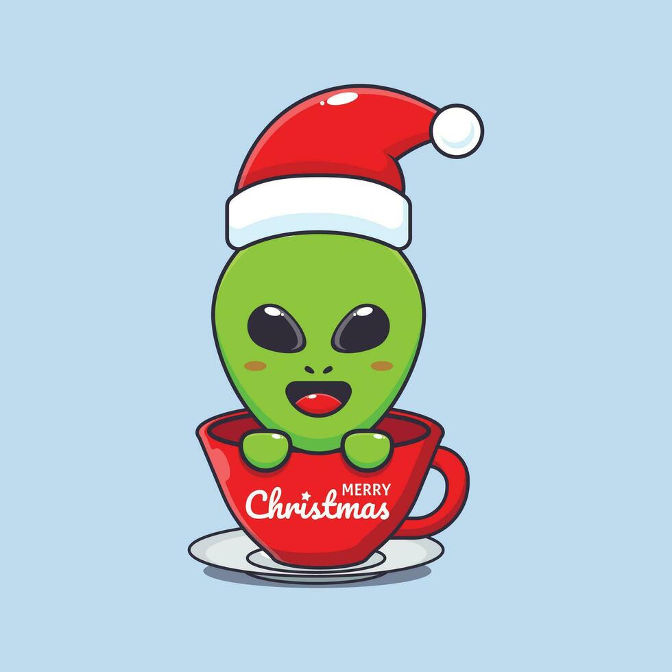 süß Außerirdischer tragen Santa Hut im Tasse. süß Weihnachten Karikatur Charakter Illustration. vektor