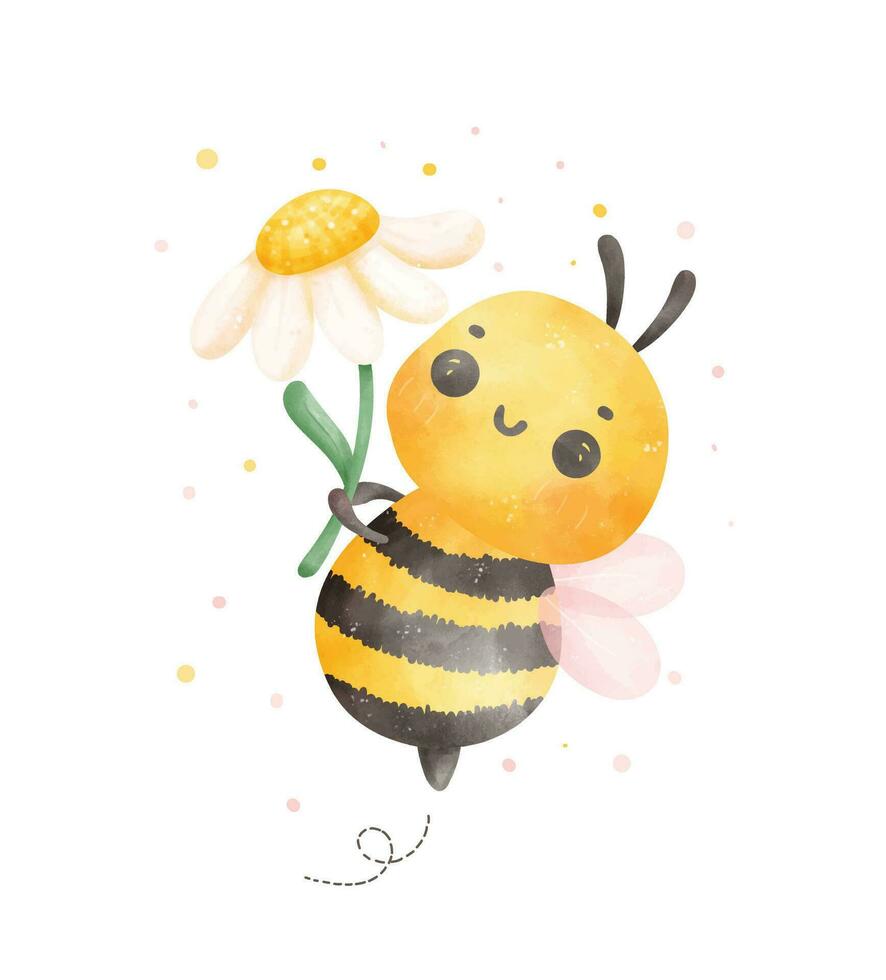 süß Baby Honig Biene mit Blume Aquarell Karikatur Charakter Hand Gemälde Illustration Vektor. vektor