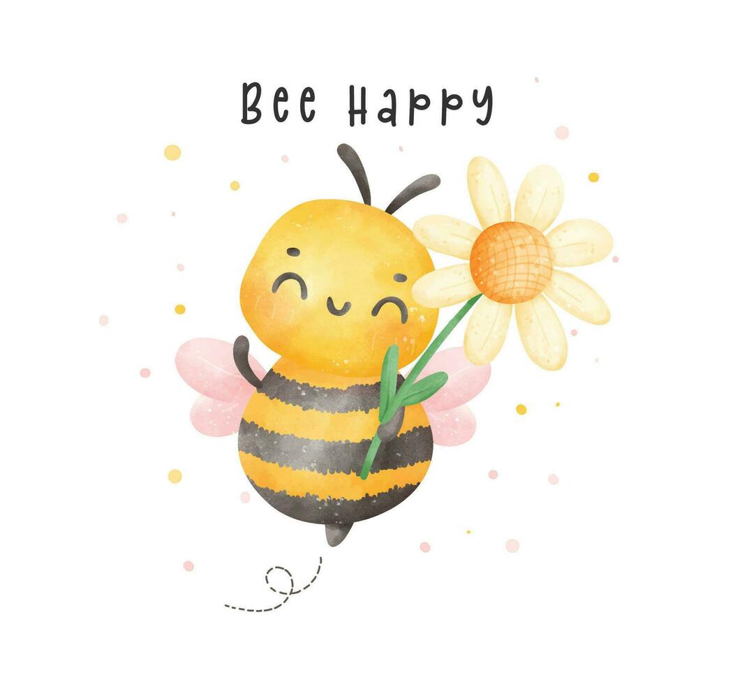 söt bebis honung bi med blomma vattenfärg tecknad serie karaktär hand målning illustration vektor. vektor